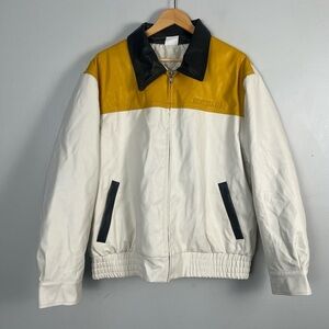 Bdg Faux leather White and yellow oversize bomber jacket size large